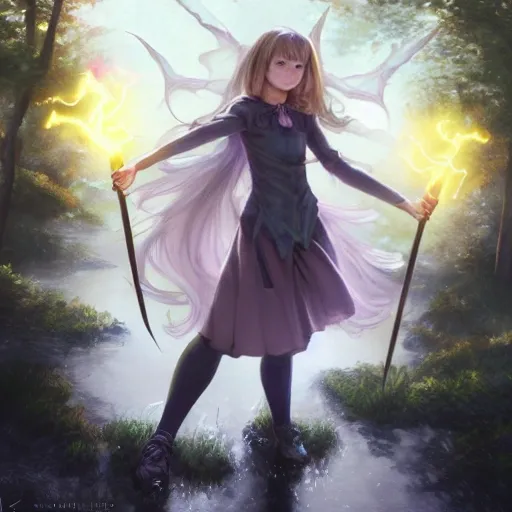 realistic portrait of a innocent young teen girl, d&d magic fantasy, dark magical school student uniform, light curly hair, casting a bright large-scale magical spell around herself, overflowing energy, highly detailed, digital painting, trending on artstation, pixiv, concept art, sharp focus, illustration, art by Ross Tran and Greg Rutkowski and Walt Disney animation