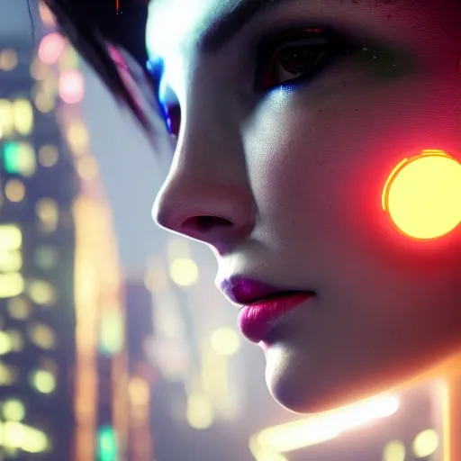 side close up portrait of 1 cyberpunk girl, detailed face, spotlight, cyberpunk city, wired, multicolored, vibrant high contrast, hyperrealistic, photografic, 8k, epic ambient light, octane render