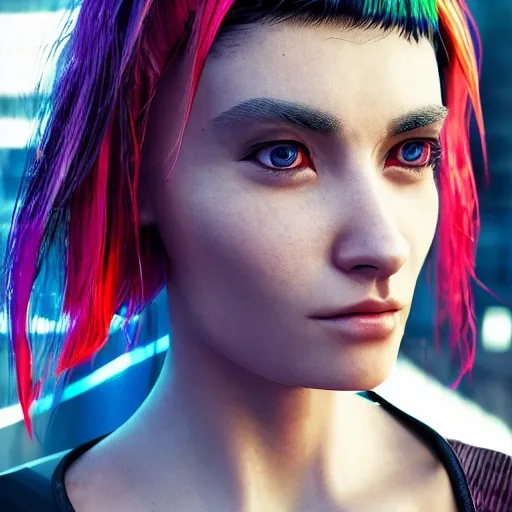 side close up portrait of 1 cyberpunk girl, detailed face, spotlight, cyberpunk city, wired, multicolored, vibrant high contrast, hyperrealistic, photografic, 8k, epic ambient light, octane render, 3D