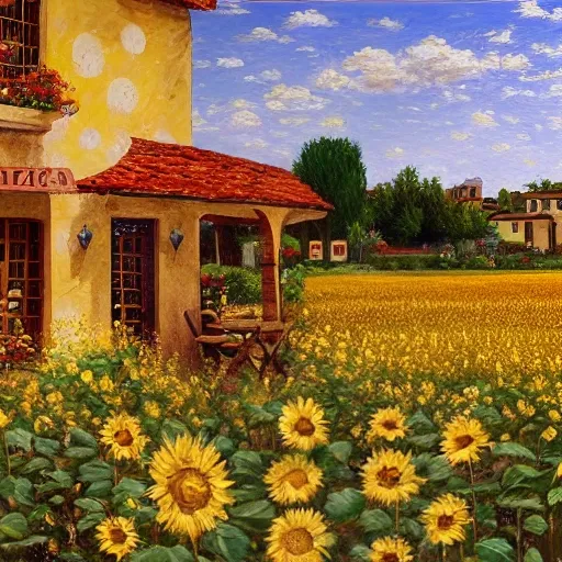 a traditional pizzeria in a field of sun flowers. a terrace in  a friendly atmosphere around pizzas and rose wine. dolce vita. unreal engine rendering, hyper realist, ultra detailed, oil painting, warm colors, happy, impressionism, da vinci, 