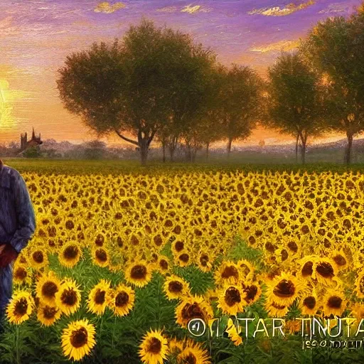 a traditional pizzeria in a field of sun flowers. a farmer admiring the sunset. dolce vita. unreal engine rendering, hyper realist, ultra detailed, oil painting, warm colors, happy, impressionism, da vinci, 