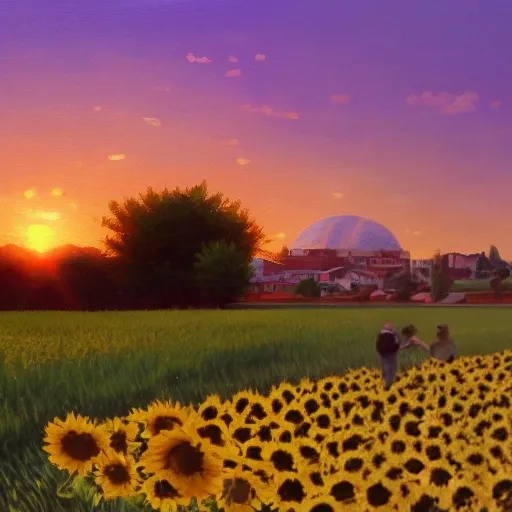 a traditional pizzeria in a field of sun flowers. two short and chubby farmer admiring the sunset. dolce vita. unreal engine rendering, hyper realist, ultra detailed, oil painting, warm colors, happy, impressionism, da vinci, 