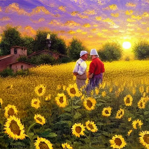 a traditional pizzeria in a field of sun flowers. two short and chubby farmers admiring the sunset. dolce vita. unreal engine rendering, hyper realist, ultra detailed, oil painting, warm colors, happy, impressionism, da vinci, 