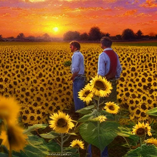 a traditional pizzeria in a field of sun flowers. 10 short and chubby farmers admiring the sunset. dolce vita. unreal engine rendering, hyper realist, ultra detailed, oil painting, warm colors, happy, impressionism, da vinci, film format