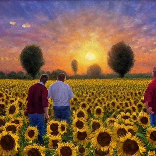 a traditional pizzeria in a field of sun flowers. 10 short and chubby farmers admiring the sunset. dolce vita. unreal engine rendering, hyper realist, ultra detailed, oil painting, warm colors, happy, impressionism, da vinci, film format