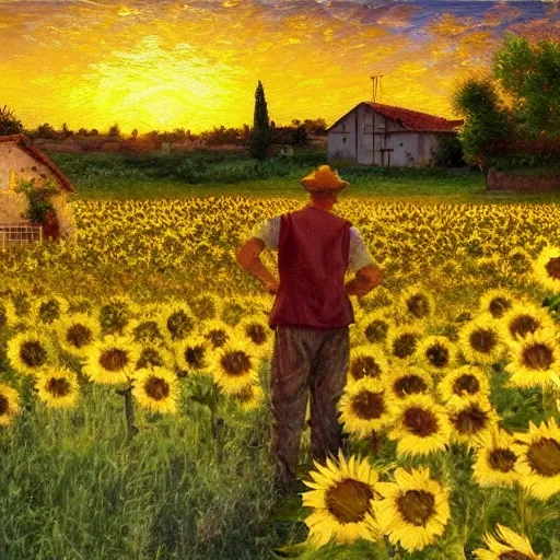 a traditional pizzeria in a field of sun flowers. a farmer admiring the sunset. dolce vita. unreal engine rendering, hyper realist, ultra detailed, oil painting, warm colors, happy, impressionism, da vinci, film format