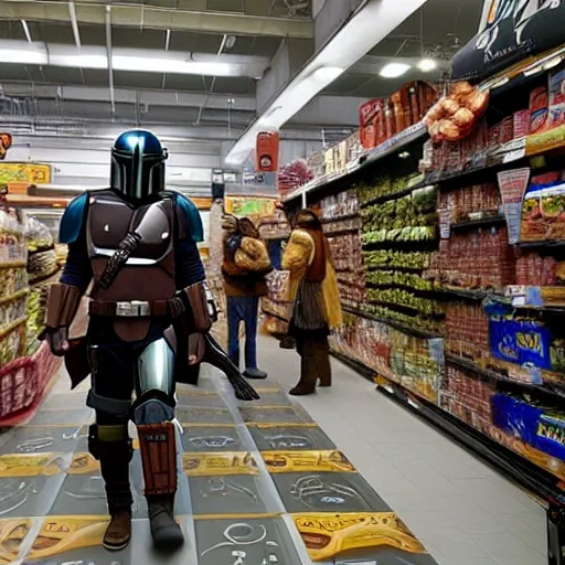 mandalorian in a super market, ultra realistic