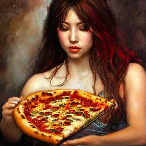 portrait full body female Russian eating pizza concubine with slim curvy body painting by gaston bussiere, greg rutkowski, yoji shinkawa, yoshitaka amano, tsutomu nihei, donato giancola, tim hildebrandt, oil on canvas, trending on artstation, featured on pixiv, cinematic composition, extreme detail, metahuman creator ,(best quality:1.4), ((masterpiece)),((realistic)), (detailed)