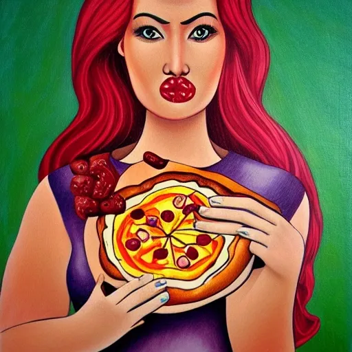 portrait full body female Russian eating pizza concubine with slim curvy body painting by tito merello, Cartoon