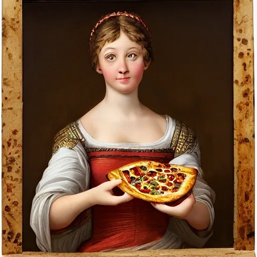 portrait of a beautiful young lady,  Roman era, complicated and ornate decoration, eating pizza