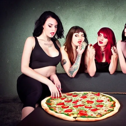 Suicide girls Models eating a 3 meter pizza