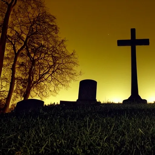 Tetric landscape of a cemetery at night with dark and disturbing demonic silhouettes performing a ritual, Trippy