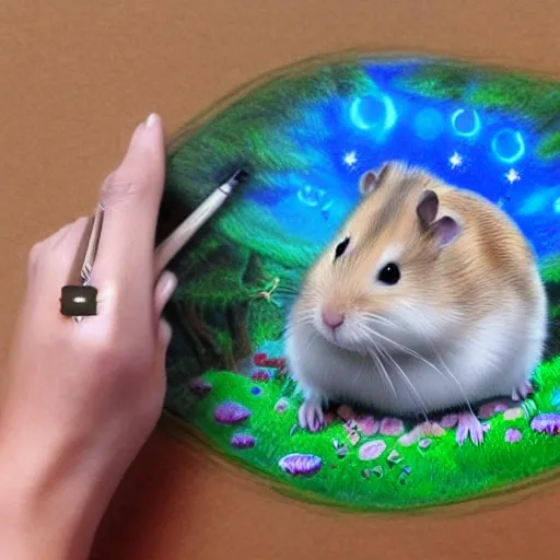 , 3D Create a drawing of a hamster with a touch of fantasy. The hamster should have fluffy fur, large round ears, and bright, curious eyes. The hamster should also have a colorful, glittering crown on its head and be standing on a magical mushroom. The background should be a mystical forest with glowing fireflies and a full moon shining down.