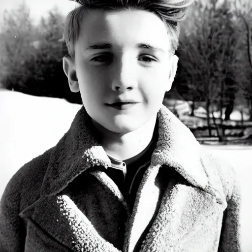 the autumn 1940s boy 20 yars old in winter coat. bw shot on Leica. Kodak Ektachrome 50 din, Filter: Polarization filter. Outdoor background.