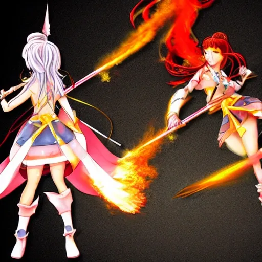 an anime style princesses with swords at their sides shooting fire from behind
, 3D