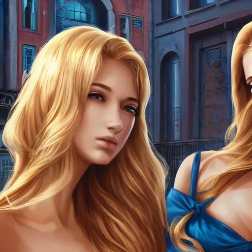 2 girls, brow and blond hair, long hair, italian architecture, (blurry background:1.2), wide angle, super highly detailed, professional digital painting, artstation, concept art, smooth, sharp focus, no blur, no dof, extreme illustration, Unreal Engine 5, Photorealism, HD quality, 8k resolution, cinema 4d, 3D, beautiful, cinematic, art by artgerm 