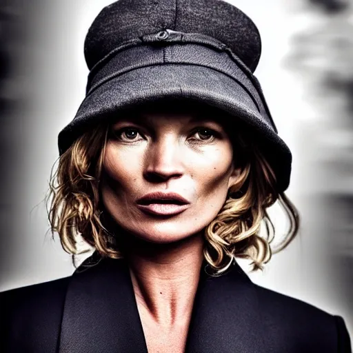 kate moss TRiBUTE /// High detail RAW color photo professional, highly detail face: 1.4, a detailed portrait of kate moss wearing Tie suit with heavy overcoat and whool flat cap, dramatic color grade, dynamic angle, detailed wear, ultra detailed face and eyes, backlighting, bokeh, 19th style, Peaky Blinders style