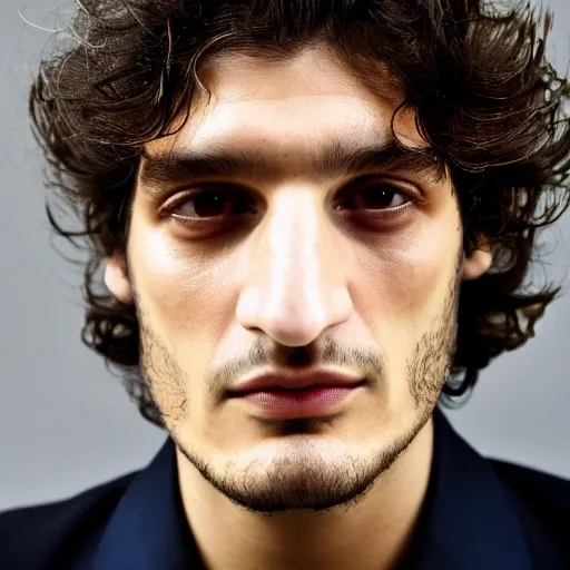 louis garrel, dressed in suit, full shot, masterpiece, look at viewer, {{beautiful detailed face}}, perfect face, {{perfect eyes}}, perfect pupils, perfect lips, extremely detailed, 8K wallpaper,  Studio Lighting,  Realistic, Photoshoot by Steve McCurry and Mark Mann, Portrait, Colorful