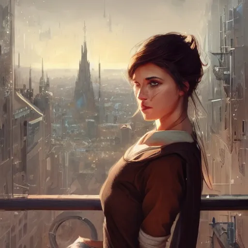 portrait of a young woman by Greg Rutkowski, brown hair, attractive, symmetrical, kind, strong, smiling, manly, nice, highly detailed portrait, bright open brown eyes, cityscape in background, scifi, realistic digital painting, artstation, concept art, smooth, sharp focus illustration, Artstation HQ, italian city in background