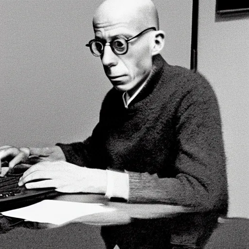 philosopher Michel Foucault writing in a laptop, in the style of retro, minimalistic figurative, kodak gold, japanese-inspired imagery, nuclear art, forced perspective, digitally enhanced