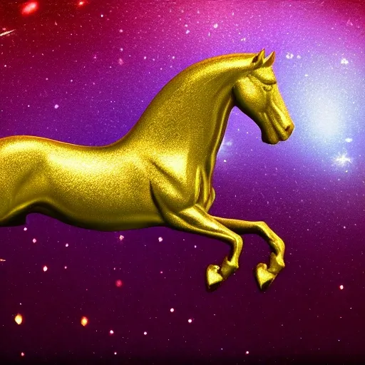 gold horse floating on a pink planet, rain diamonds, 4k hd