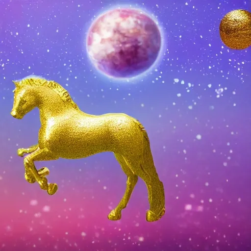 bad gold horse floating on a pink planet, rain diamonds, 4k hd 