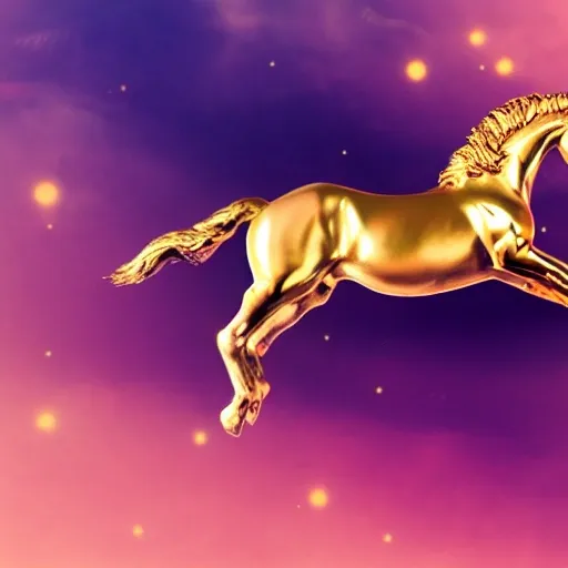 bad gold horse floating on a pink planet, rain diamonds, 4k hd 