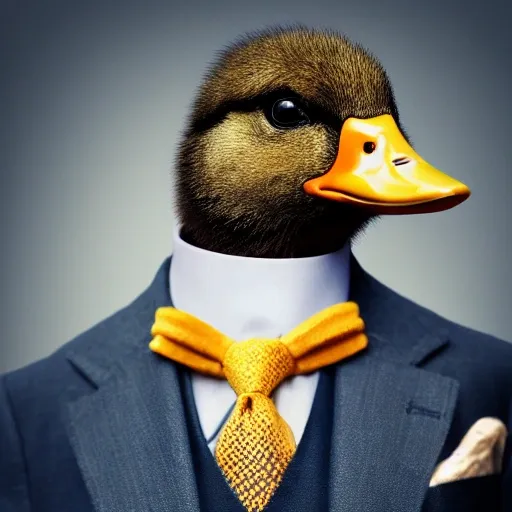 A cute duck, dressed in suit, full shot, masterpiece, look at viewer, {{beautiful detailed face}}, perfect face, {{perfect eyes}}, perfect pupils, perfect lips, extremely detailed, 8K wallpaper,  Studio Lighting,  Realistic, Photoshoot by Steve McCurry, Portrait, Colorful