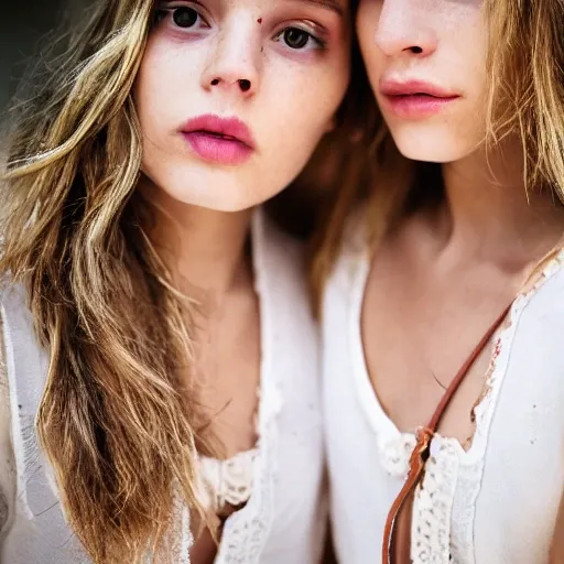 2 GIRLS, brown and blond hair /// High detail RAW color photo professional, highly detail face: 1.4, a detailed portrait of 2 girls in Puglia Italy, summer vibe, romance, wearing light clothes, dramatic color grade, dynamic angle, detailed wear, ultra detailed face and eyes, backlighting, bokeh, 19th style, Peaky Blinders style