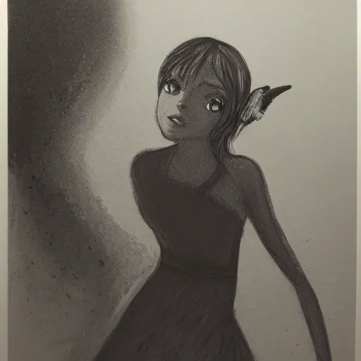 A noir-style portrait of a girl with a bluebird in her heart that wants to get out but she is tough for him, She mantain him there and do not  let anybody see him. drawn with pen and paper. The image features a strong focus on the character's face, with intricate details and shadows enhancing the overall mood of the piece. The dynamic pose and angle of the characters create a sense of action, with the overall composition reflecting a high-quality, award-winning piece.