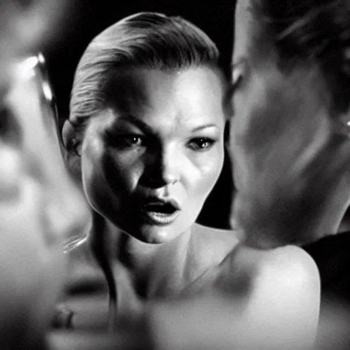 Style: Film Noir. Scene: A smoky, dimly lit jazz club. The ultra hyper realistic portrait of Kate Moss kissing another woman takes center stage, her face perfectly illuminated by a single spotlight. The other patrons of the club are shadows in the background, smoking cigarettes and drinking whiskey. The scene is suffused with mystery and intrigue, with the dim lighting and dramatic camera angles adding to the atmosphere of suspense.