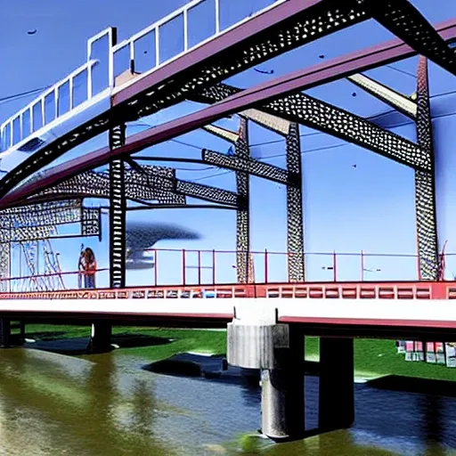 3.Bridge Configuration
1.The bridge may cross the valley at any elevation from the high water level to 24 meters above the high water level.
2.If the elevation of the bridge is below 24 meters, excavation of the river banks will be required to achieve the correct highway elevation. 
3.To provide clearance for overhead power lines (shown above), the highest point on the bridge may not exceed an elevation 32.5 meters above the high water level (8.5 meters above the top of the river banks).
4.The bridge may consist of either standard (simple supports) or (arch supports). If necessary, the bridge may also use one intermediate , located near the centre of the valley. If necessary, the bridge may also use cable , located 8 meters behind one or both abutments.
5.Each main truss can have no more than 100 and no more than 200 .
6.The bridge will have a flat, reinforced deck. Two types of concrete are available:
1.Medium-strength concrete requires a deck thickness of 23 centimetres (0.23 metres).
2.High-strength concrete requires a deck thickness of 15 centimetres (0.15 meter).
7.In either case, the deck will be supported by transverse spaced at 4 metre intervals. To accommodate these floor beams, your must have a row of joints spaced 4 meters apart at the level of the deck. These joints are created automatically when you begin a new design.
8.The bridge deck will be 10 meters wide, such that it can accommodate two lanes of traffic.
4.Member Properties
•Materials. Each member of the truss will be made of either carbon steel, high-strength low-alloy steel, or quenched and tempered steel.
•. The members of the truss can be either solid bars or hollow tubes. Both types of cross-sections are square.
•Member Size. Both cross-sections are available in a variety of standard sizes.
5.Loads 
The bridge must be capable of safely carrying the following loads:
•Weight of the deck.
•Weight of a 5-cm thick , which might be applied at some time in the future.
•Weight of the steel floor beams and supplemental bracing members (assumed to be 12.0 applied at each deck-level joint).
•Weight of the main trusses.
•Either of two possible truck loadings:
Weight of one standard H25 truck loading per lane, including appropriate allowance for the dynamic effects of the moving load. (Since the bridge carries two lanes of traffic, each main truss must safely carry one H25 vehicle, placed anywhere along the length of the deck.) 
Weight of a single 480 kN Permit Loading, including appropriate allowance for the dynamic effects of the moving load. (Since the Permit Loading is assumed to be cantered laterally, each main truss must safely carry one-half of the total vehicle weight, placed anywhere along the length of the deck.)