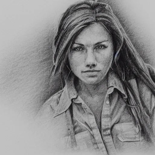 A rugged cowgirl wearing her shirt partially unbuttoned while working on a ranch, realistic, Pencil Sketch