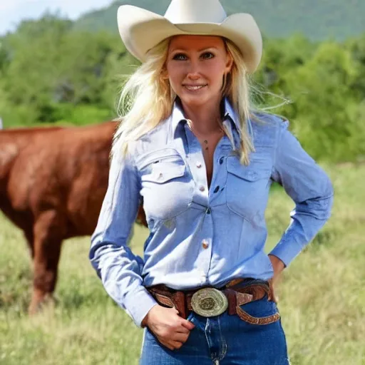 A blonde rugged cowgirl wearing her shirt partially unbuttoned while working on a ranch, realistic