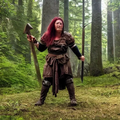 a 30 years old female orc medieval with an axe in a forest 