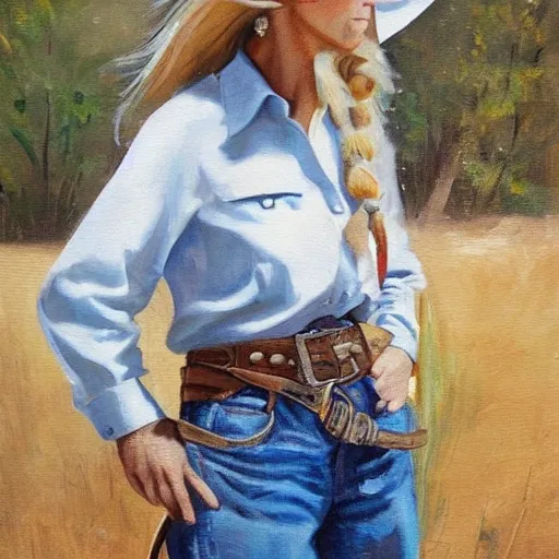 A blonde rugged cowgirl wearing her shirt partially unbuttoned while working on a ranch, realistic, Oil Painting