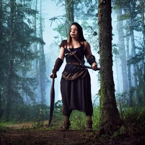 a 30 years old female orc medieval with a large iron axe in a forest higly detailed high definition