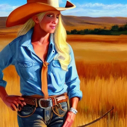 A blonde rugged cowgirl wearing her shirt partially unbuttoned while working on a ranch, realistic, Oil Painting