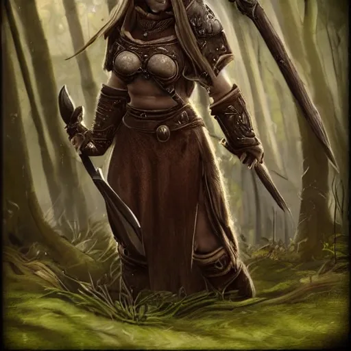 a portrait of a 30 years old female orc medieval with a large iron axe in a forest higly detailed high definition no human
realistic warcraft style