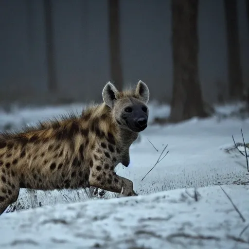 Hyena monster hunting on a snowy night