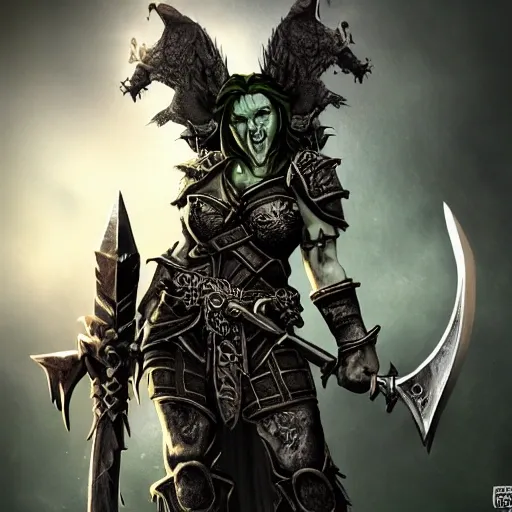 a 30 years old female badass orc medieval with big fangs with a large iron axe on the left hand in a landscape high definition realistic warcraft lord of the rings style