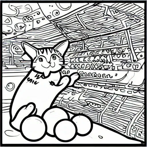 , Cartoon coloring page for kids, cat play with a ball, cartoon style, thick lines, very low detail, no shading, no color just white and black 
