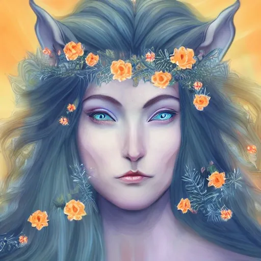 Beautiful cute front portrait of an elvish deity, long hair in motion, herbs and blue pastel colors, flowers orange dynamic lighting, digital art