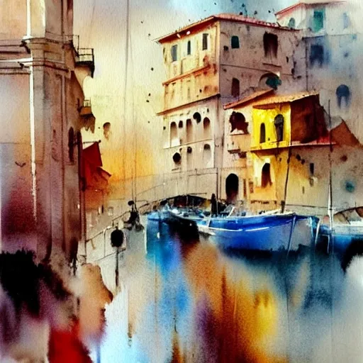 Italian city in the Mediterranean Willem Haenraets, watercolour, wet on wet and splash techniques, centered, perfect composition, abstraction, surrealism