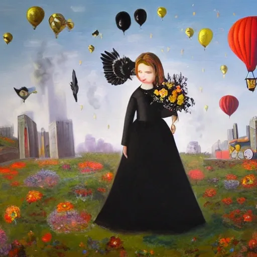 A girl wearing a black wedding dress, holding a bouquet of flowers looking back, the girl is in the very center of the picture, surrounded by buildings and objects representing freedom, such as birds, hot air balloons, wind, fog, highlighting the girl's pursuit of a better future，, Oil Painting，conceptual