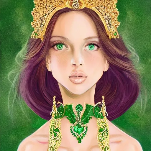  full body portrait of a beautiful american  princess, pale glowing white skin, intricate emerald and gold jewelry, long brown hair, dressed in emerald green, exotic, pretty face, intricate, elegant, highly detailed, digital painting, artstation, concept art, smooth, sharp focus, illustration, 8 k, purple hair, anime, art, full body.
