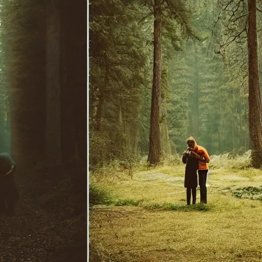 a woman crying on the floor and a man standing looking at the opposite way, set against a forest, cinematic, realistic photo