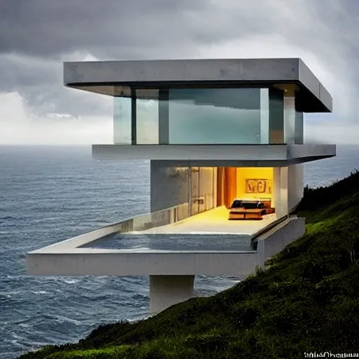 I want an ultra modern mansion on a hill with a stormy sea that shows the power of nature and all immensity