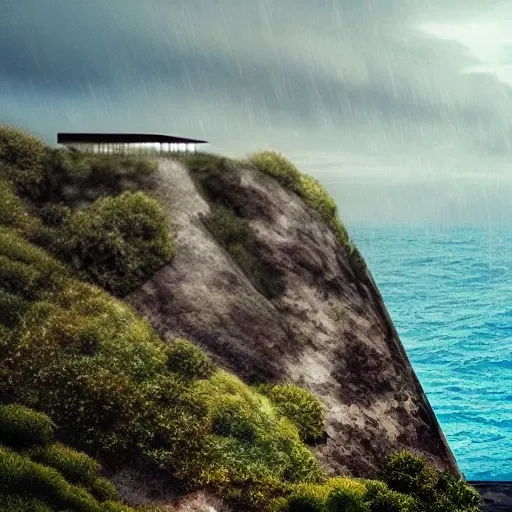 I want an ultra modern mansion on a hill with a stormy sea that shows the power of nature and all immensity