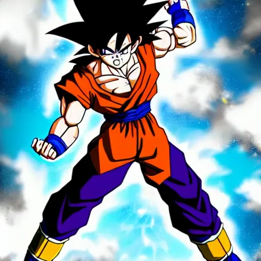  Goku está en posición de pelea, con una mirada intensa y concentrada en...